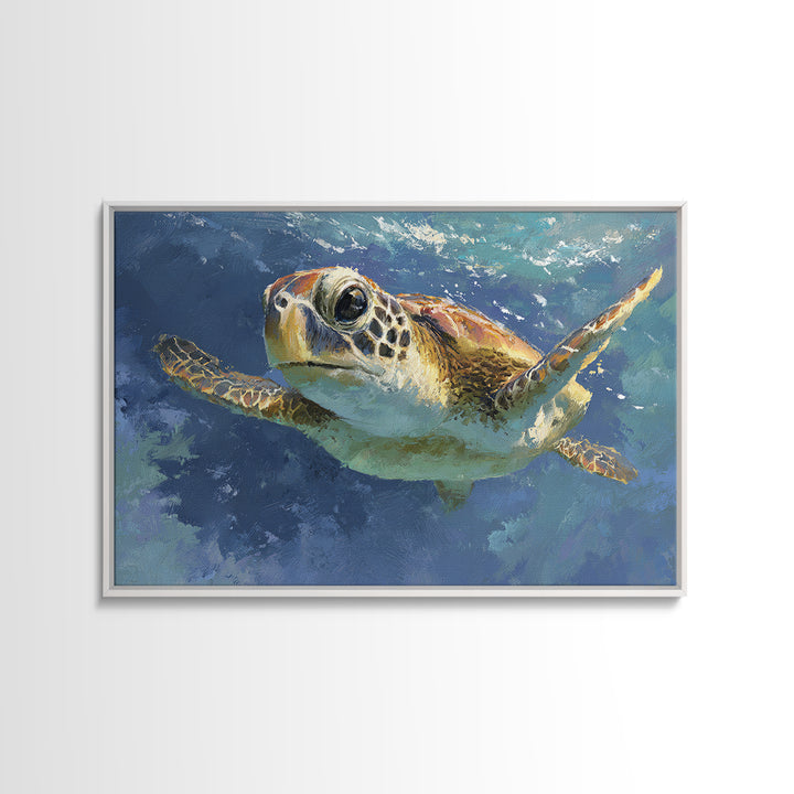 Sea Turtle Drifting Through Luminous Blue Water Canvas Print, Animal Art, Nursery, Living Room Decor, Abstract Art, Creature, ANI-3x2-94