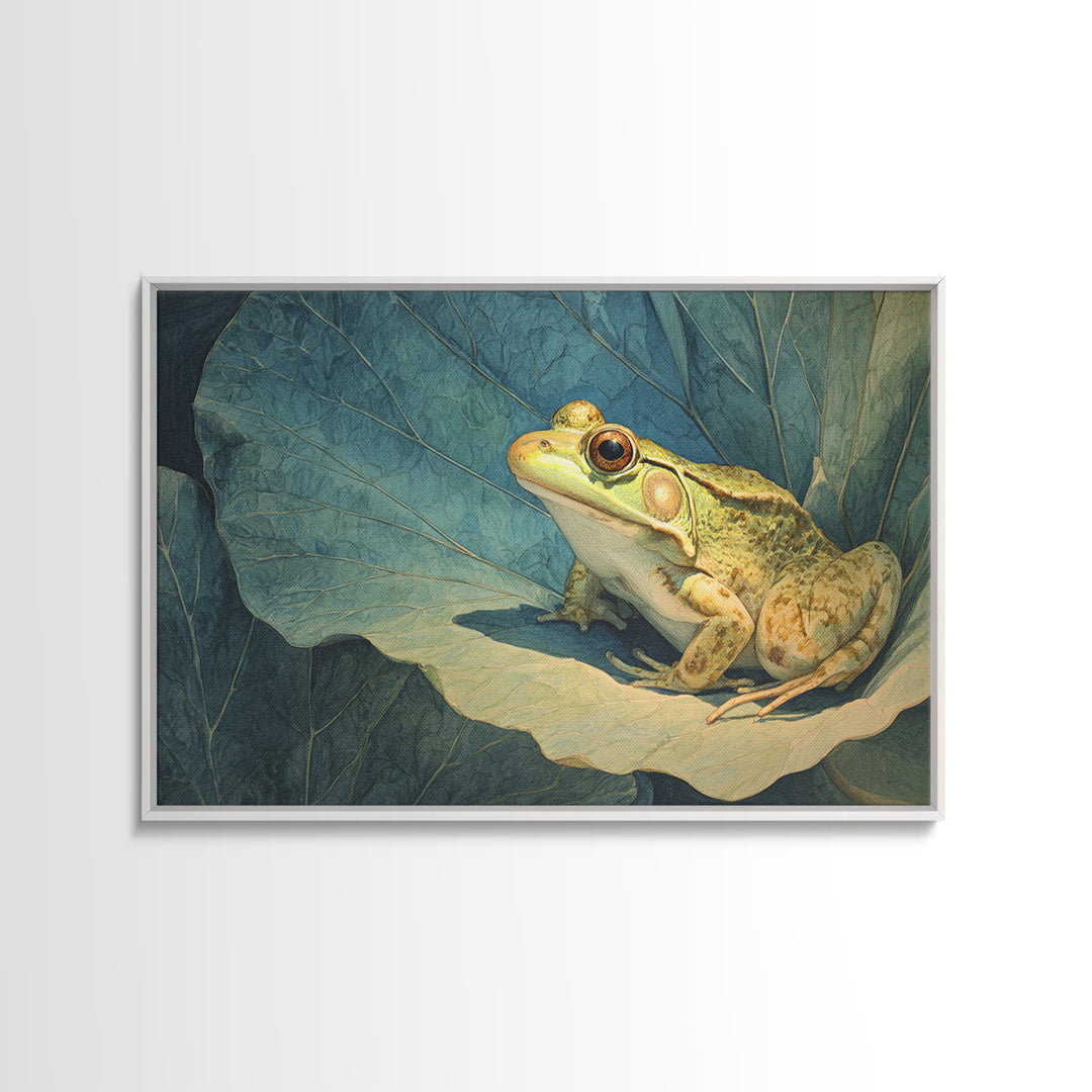 Frog on a Lotus Leaf Framed Canvas Print, Animal Art, Art Print, Living Room Decor, Watercolor Art, Creature, Digital Art, ANI-3x2-96