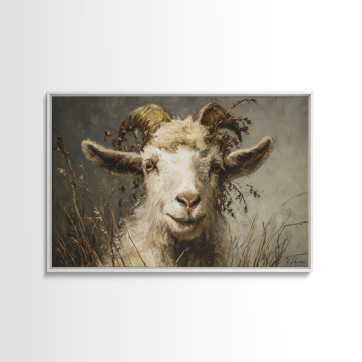 Goat Portrait with Rustic Folk Art Personality Framed Canvas Print, Animal Art, Downloadable Art, Living Room Decor, Creature, ANI-3x2-97