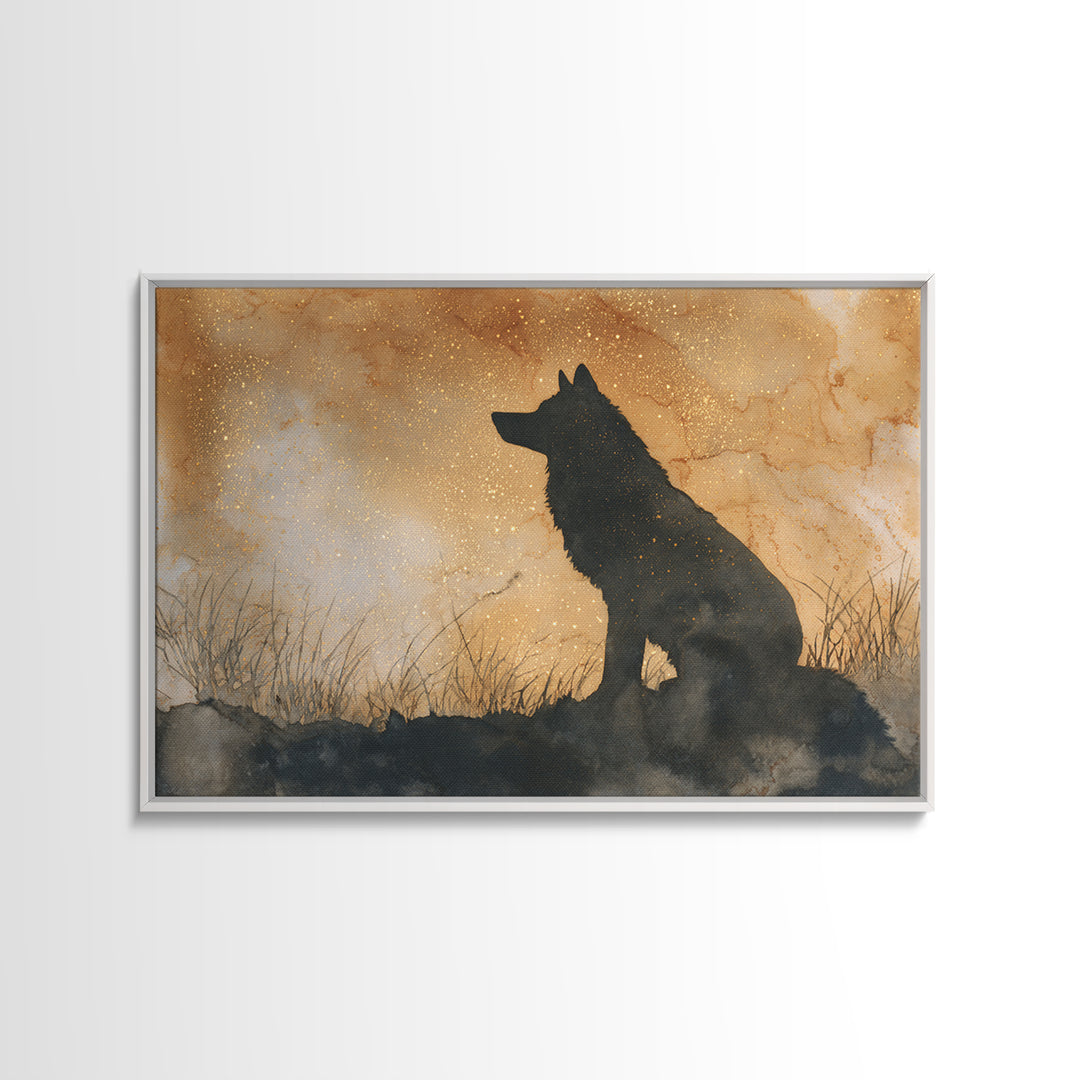 Wolf Silhouette Beneath a Star Filled Sky Canvas Print, Animal Art, Living Room Decor, Fine Art, Creature, Fine Art Print, ANI-3x2-98