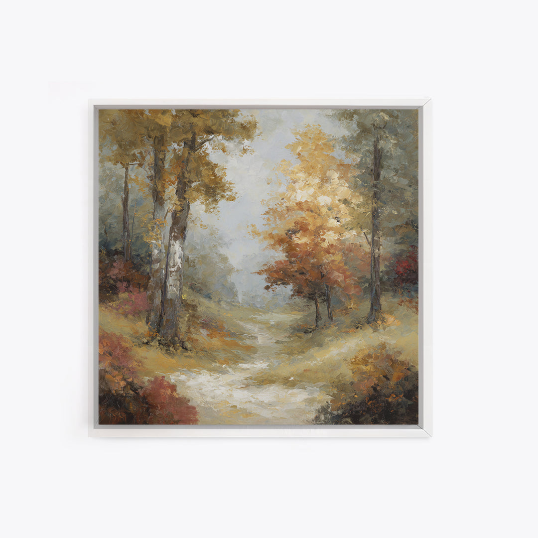 Woodland Path with Golden Autumn Atmosphere Framed Canvas Print, Art, Original Art, Living Room Decor, Fine Art, ART-1x1-47