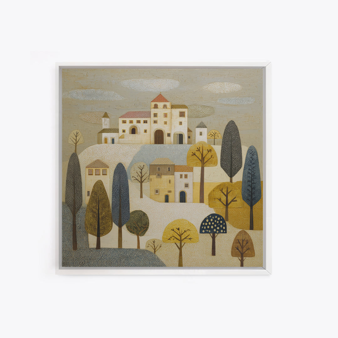 Naive Folk Art Village Framed Canvas Print, Art, Wood Wall Art, Living Room Decor, Fine Art, Modern Decor, Fine Art Print, ART-1x1-68