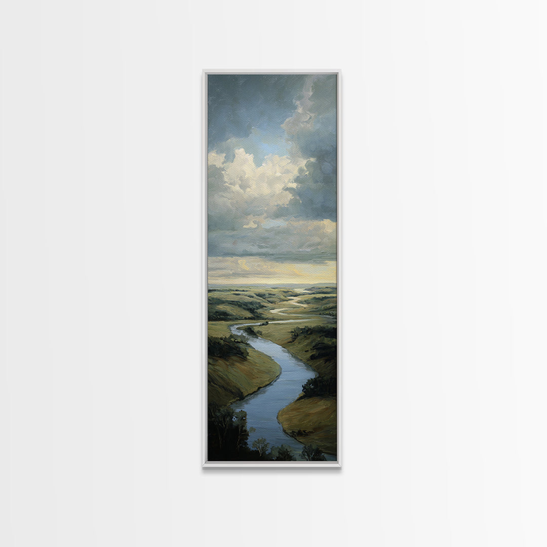 Classic Landscape with Winding River and Atmospheric Framed Canvas Print, Art, Art Nouveau, Living Room Decor, Watercolor Art, ART-1x3-87