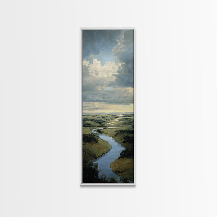 Classic Landscape with Winding River and Atmospheric Framed Canvas Print, Art, Art Nouveau, Living Room Decor, Watercolor Art, ART-1x3-87