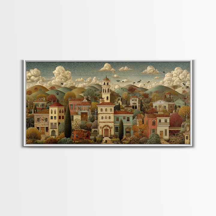 Naive Folk Art Village Framed Canvas Print, Art, Neutral Decor, Living Room Decor, Fine Art, Art Prints, Digital Art, ART-2x1-16