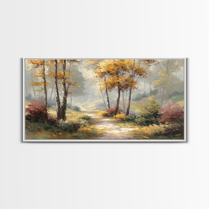 Woodland Path with Golden Autumn Atmosphere Framed Canvas Print, Art, Printable Art, Living Room Decor, Fine Art, ART-2x1-19
