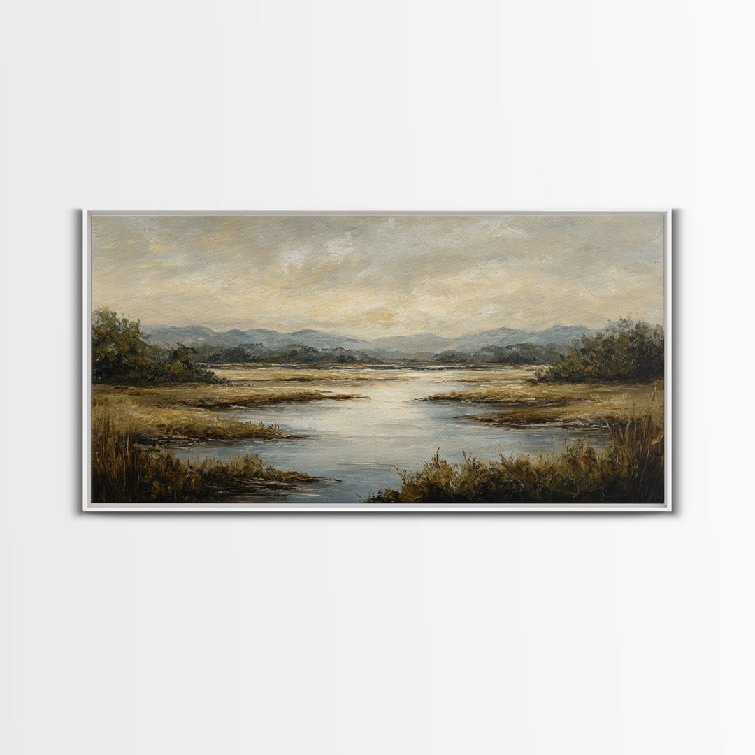 Classic Landscape with Winding River and Atmospheric Framed Canvas Print, Art, Art Print, Living Room Decor, Fine Art, ART-2x1-23