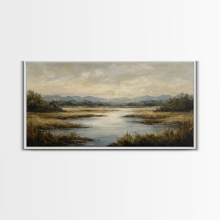 Classic Landscape with Winding River and Atmospheric Framed Canvas Print, Art, Art Print, Living Room Decor, Fine Art, ART-2x1-23