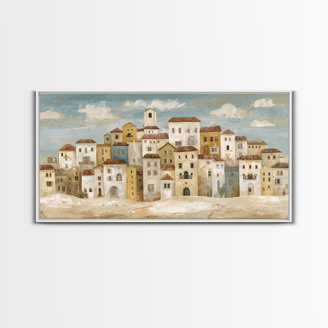 Naive Folk Art Village Framed Canvas Print, Art, Wall Art, Living Room Decor, Fine Art, Original Art, Art Nouveau, ART-2x1-40