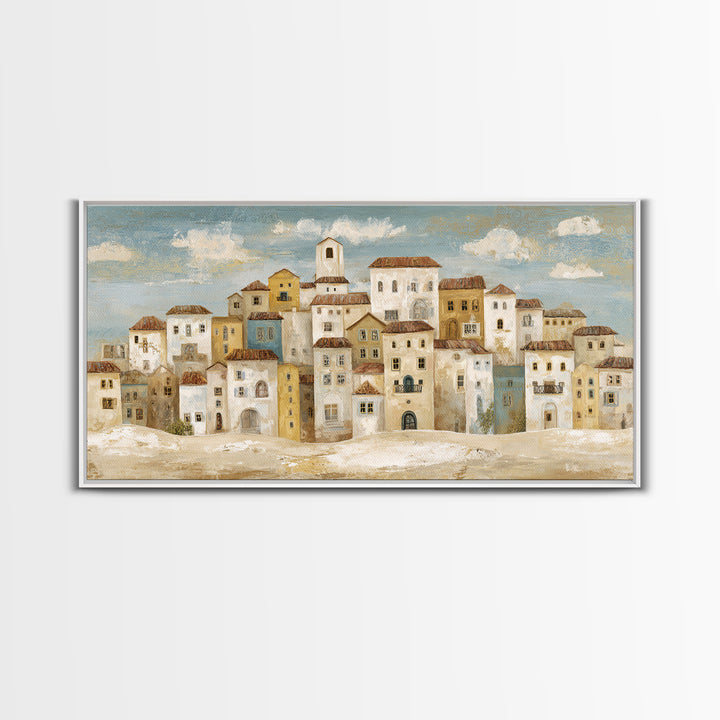 Naive Folk Art Village Framed Canvas Print, Art, Wall Art, Living Room Decor, Fine Art, Original Art, Art Nouveau, ART-2x1-40
