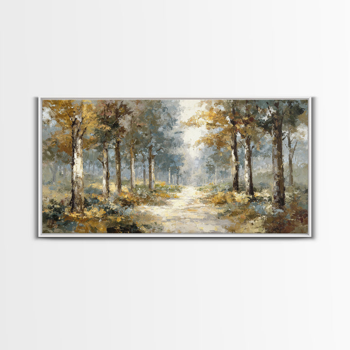 Woodland Path with Golden Autumn Atmosphere Framed Canvas Print, Art, Art Prints, Living Room Decor, Fine Art, ART-2x1-43