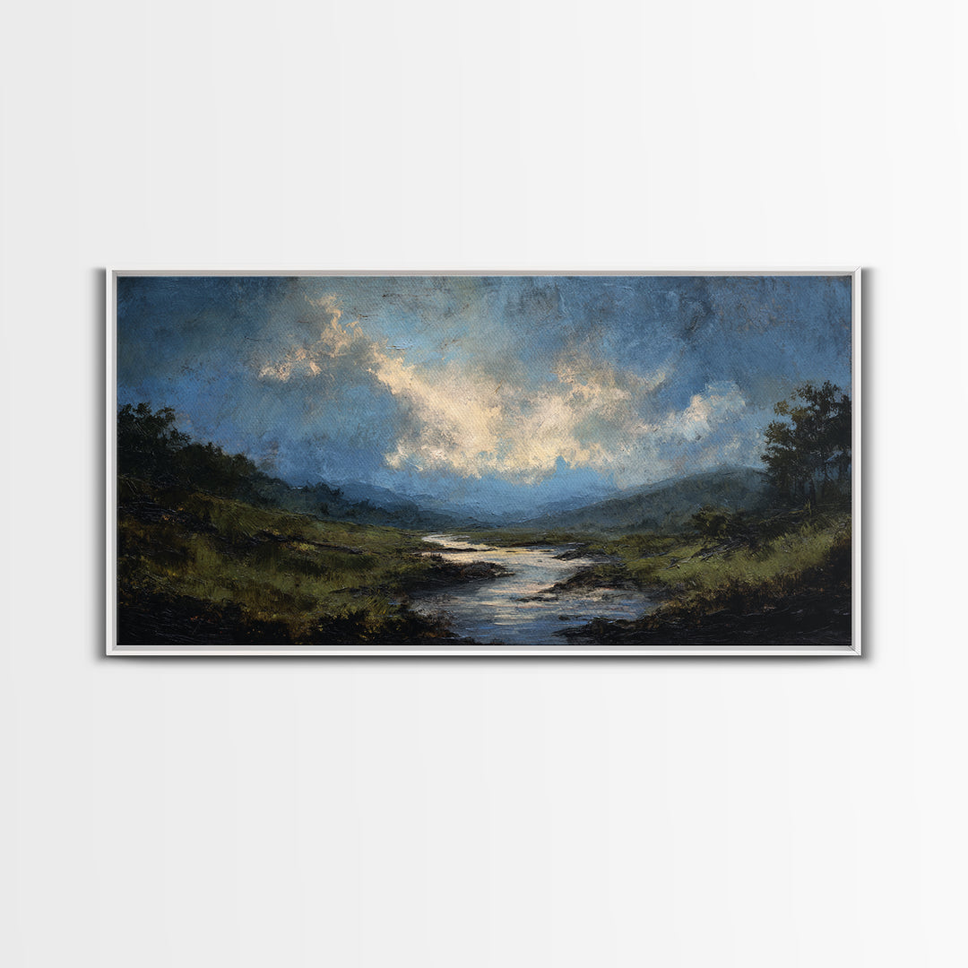 Classic Landscape with Winding River and Atmospheric Canvas Print, Art, Black Art, Living Room Decor, Fine Art, ART-2x1-71