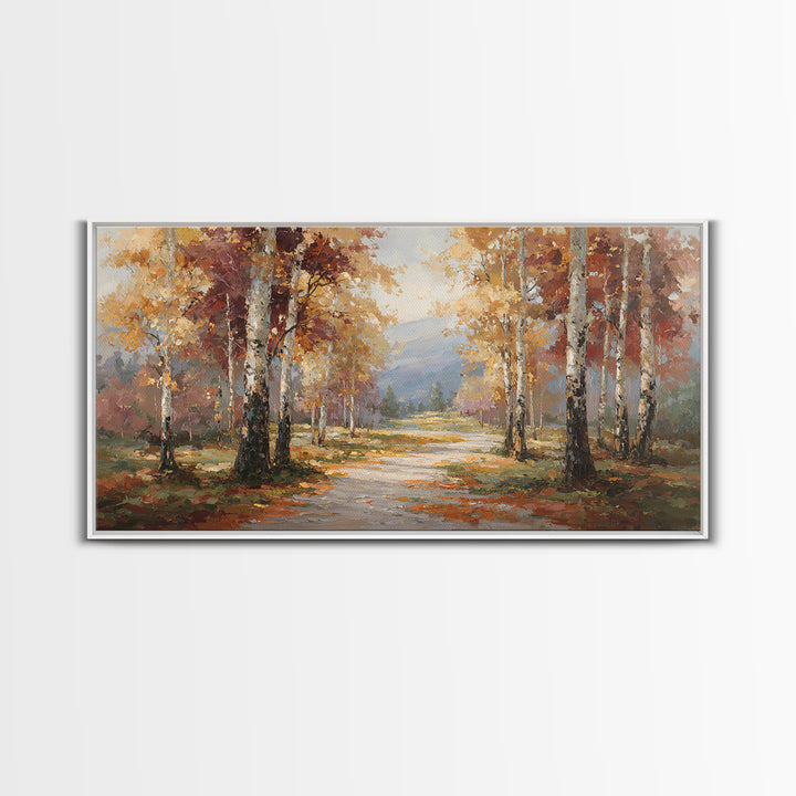 Woodland Path with Golden Autumn Atmosphere Framed Canvas Print, Art, Art Print, Living Room Decor, Fine Art, ART-2x1-91