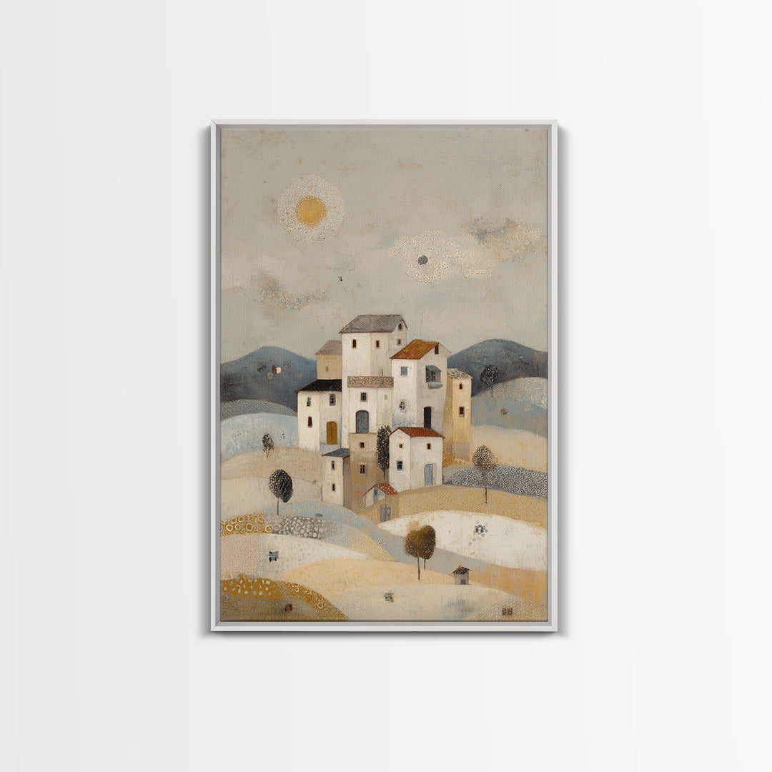Naive Folk Art Village Framed Canvas Print, Art, Pink Wall Art, Living Room Decor, Fine Art, Textured Painting, ART-2x3-100