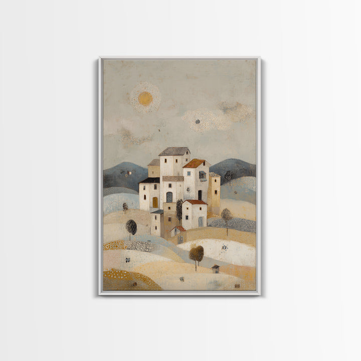 Naive Folk Art Village Framed Canvas Print, Art, Pink Wall Art, Living Room Decor, Fine Art, Textured Painting, ART-2x3-100