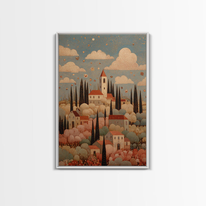 Naive Folk Art Village Framed Canvas Print, Art, Resin Art, Living Room Decor, Fine Art, Luxury Decor, Textured Painting, ART-2x3-4