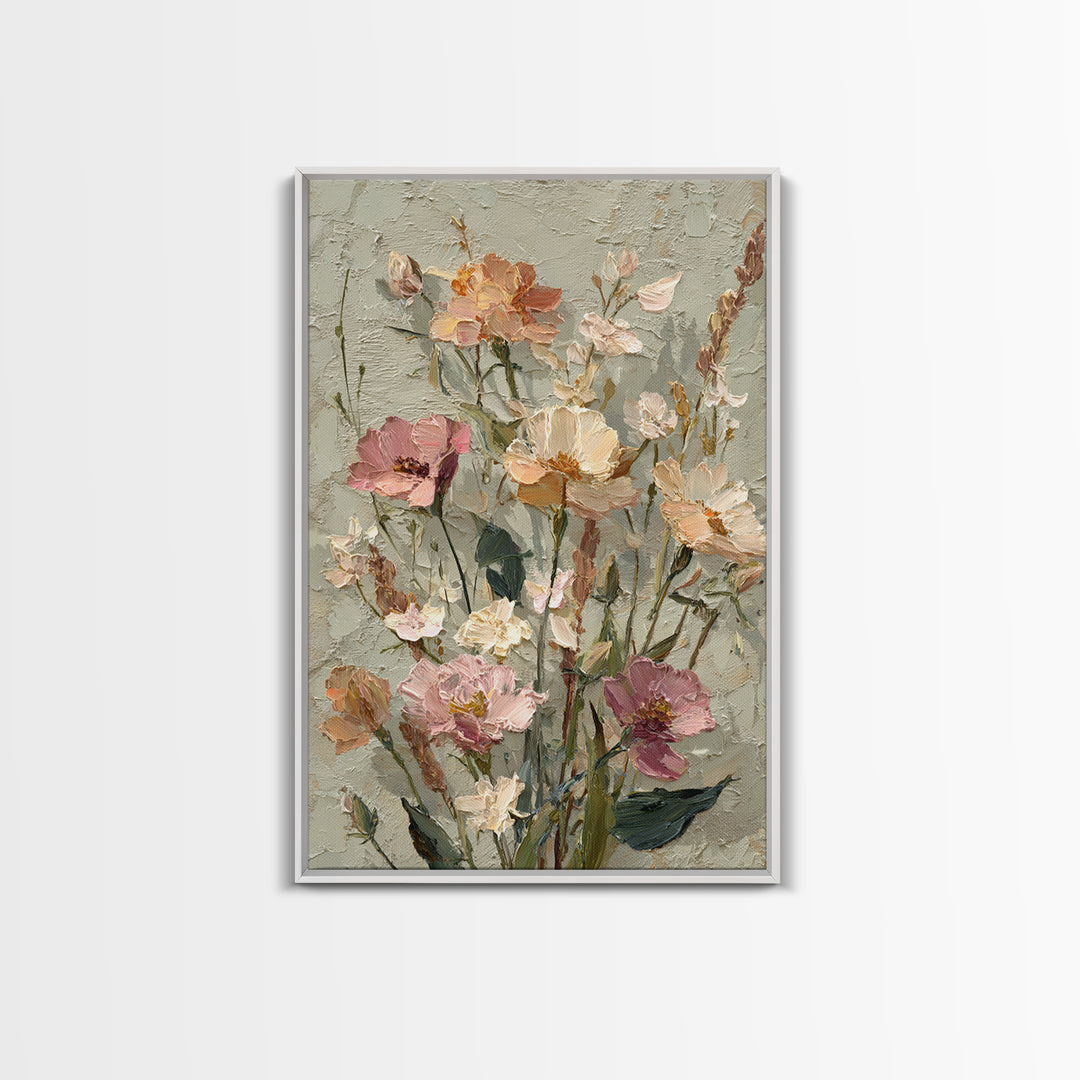 Painterly Meadow with Loose Impressionist Flowers Framed Canvas Print, Art, Neutral Decor, Living Room Decor, Fine Art, ART-2x3-47