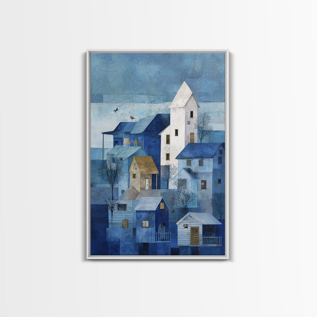 Naive Folk Art Village Framed Canvas Print, Art, Boho Wall Art, Living Room Decor, Fine Art, Textured Painting, ART-2x3-52