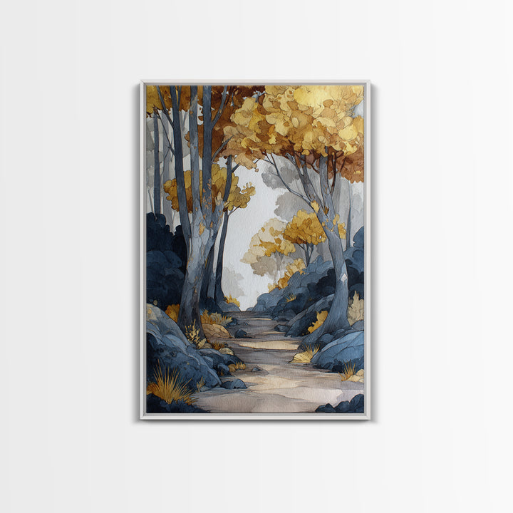 Woodland Path with Golden Autumn Atmosphere Framed Canvas Print, Art, Horizontal Wall Art, Living Room Decor, Fine Art, ART-2x3-55