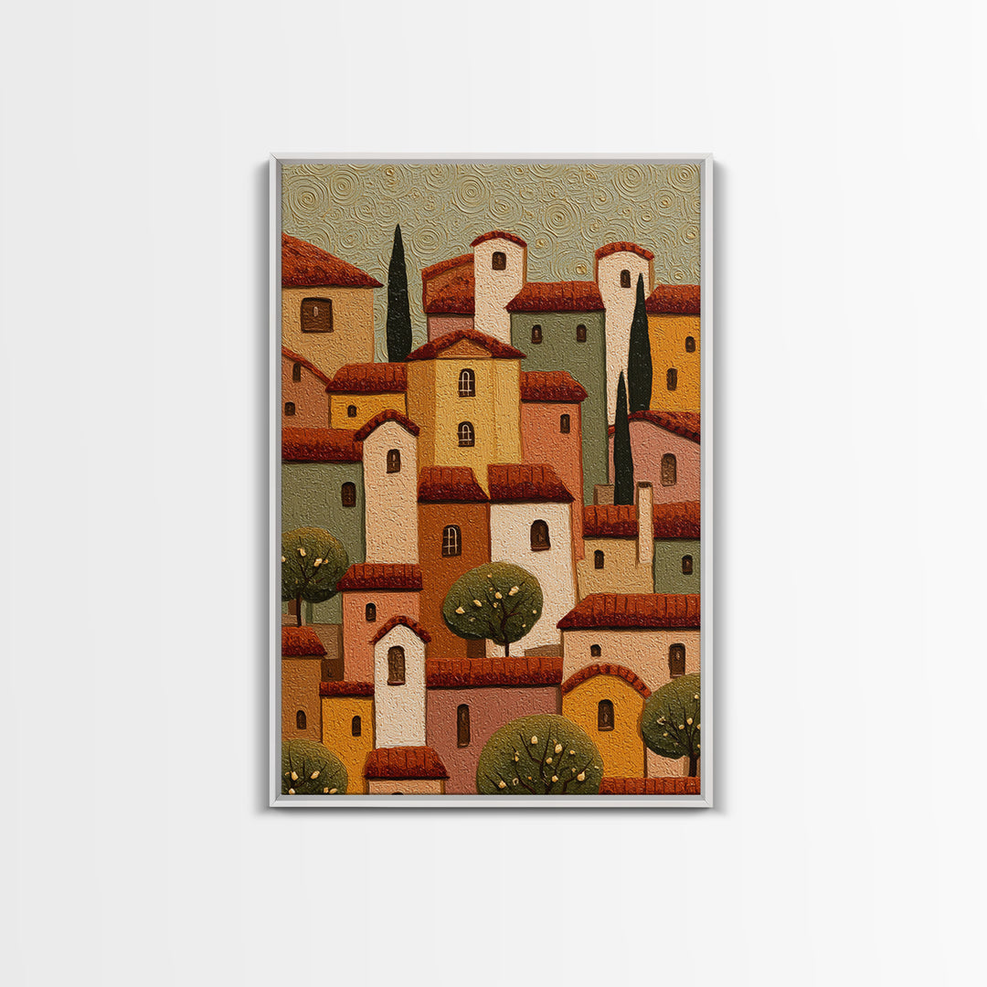 Naive Folk Art Village Framed Canvas Print, Art, Wall Art Prints, Living Room Decor, Fine Art, Ai Art, Textured Wall Art, ART-2x3-76