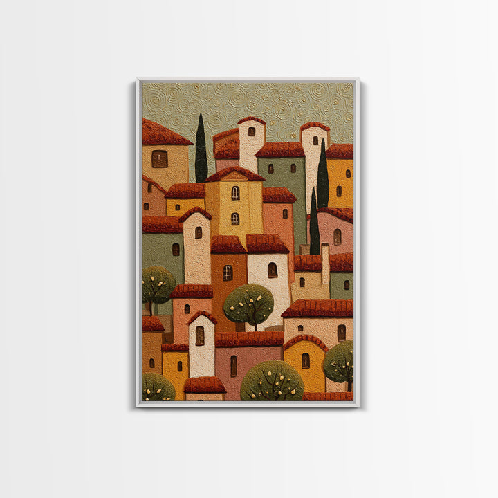 Naive Folk Art Village Framed Canvas Print, Art, Wall Art Prints, Living Room Decor, Fine Art, Ai Art, Textured Wall Art, ART-2x3-76