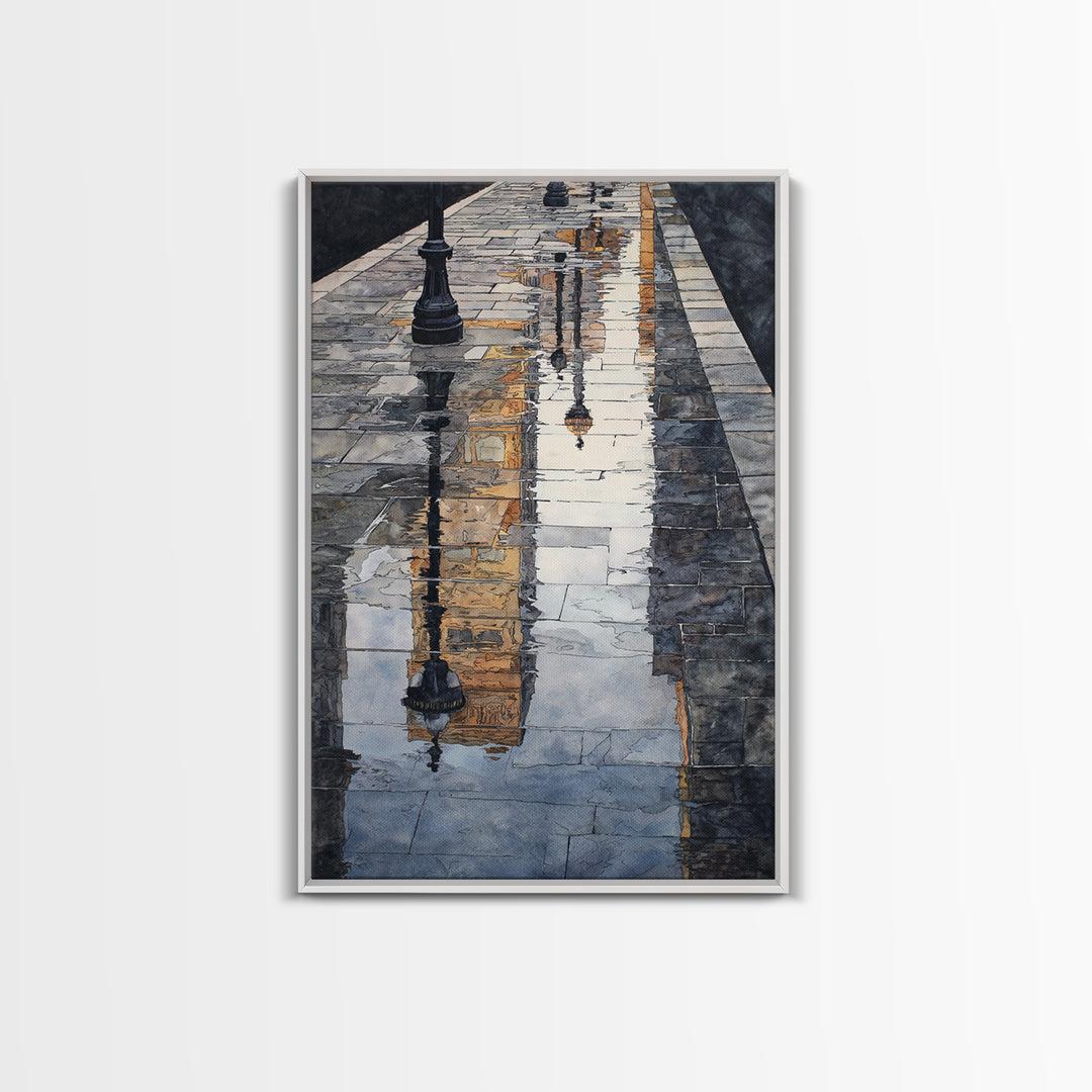 Moody City Scene Reflected Framed Canvas Print, Art, Living Room Decor, Fine Art, Art Nouveau, Framed Wall Art, ART-2x3-90