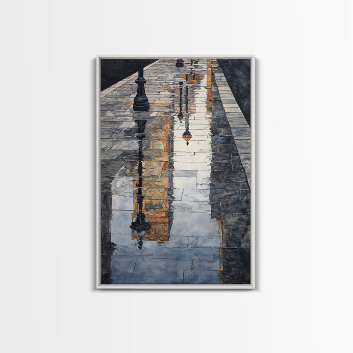 Moody City Scene Reflected Framed Canvas Print, Art, Living Room Decor, Fine Art, Art Nouveau, Framed Wall Art, ART-2x3-90
