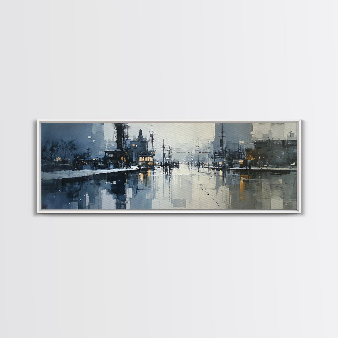 Moody City Scene Reflected Framed Canvas Print, Art, Wall Art, Living Room Decor, Fine Art, Original Art, Art Nouveau, ART-3x1-2