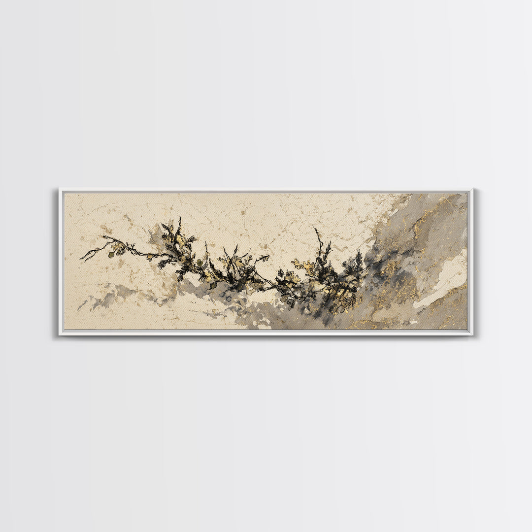 Minimal Botanical Ink Drawing on Handmade Paper Canvas Print, Art, Art Deco, Living Room Decor, Fine Art, Printable Art, ART-3x1-21
