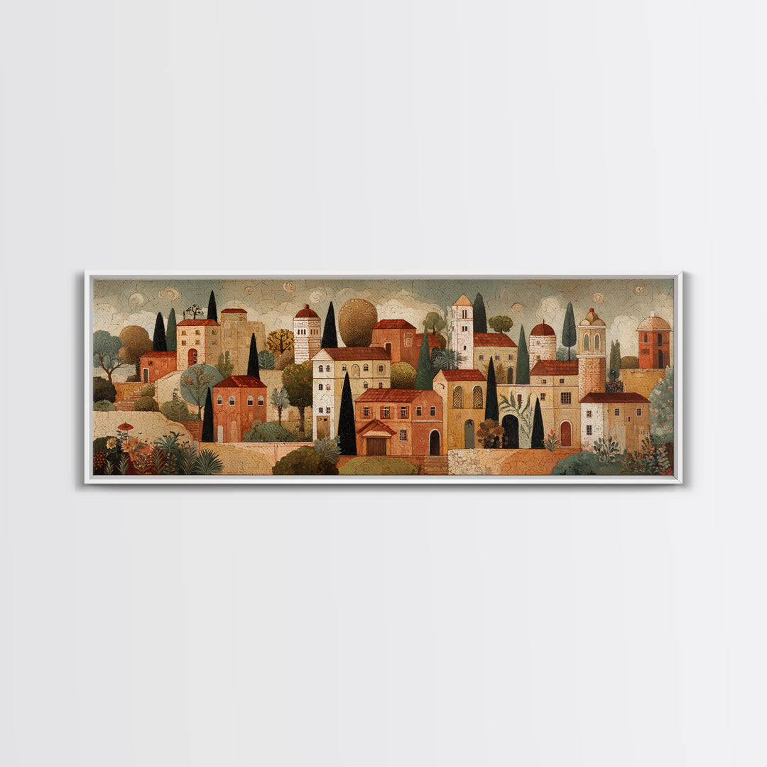 Naive Folk Art Village Framed Canvas Print, Art, Modern Decor, Living Room Decor, Fine Art, Art Prints, Digital Art, ART-3x1-60