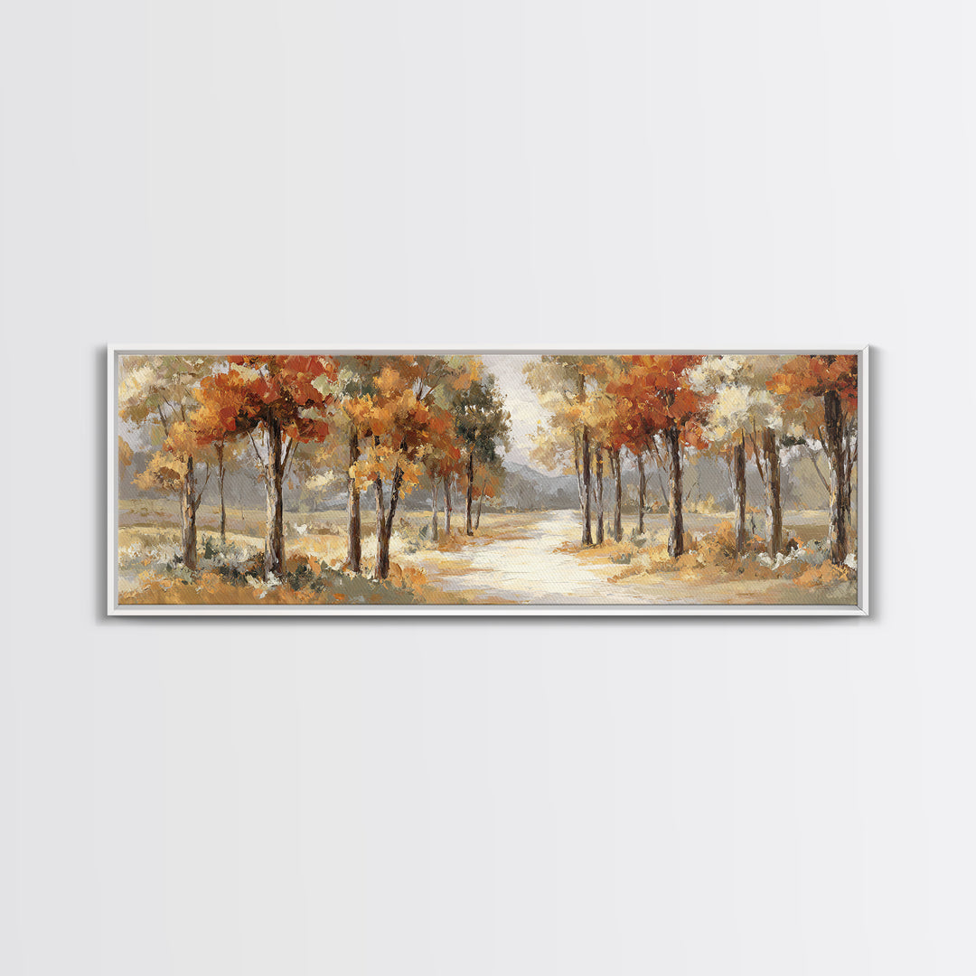 Woodland Path with Golden Autumn Atmosphere Framed Canvas Print, Art, Statement Artwork, Living Room Decor, Fine Art, ART-3x1-63