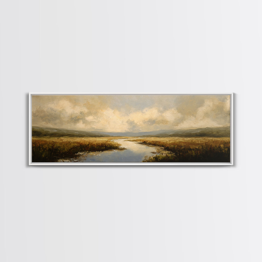 Classic Landscape with Winding River and Atmospheric Framed Canvas Print, Art, Digital Art, Living Room Decor, Fine Art, ART-3x1-67