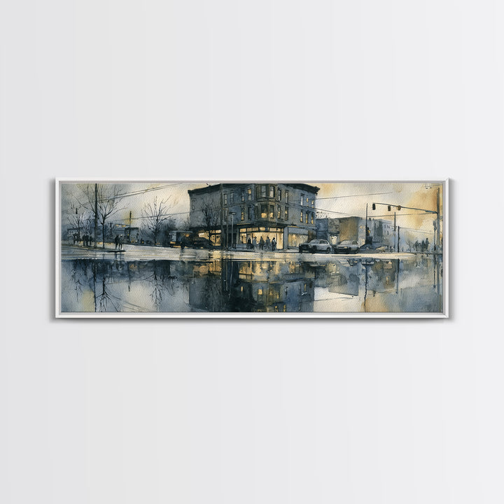 Moody City Scene Reflected Framed Canvas Print, Art, Art Deco, Living Room Decor, Oil Painting, Printable Art, ART-3x1-74