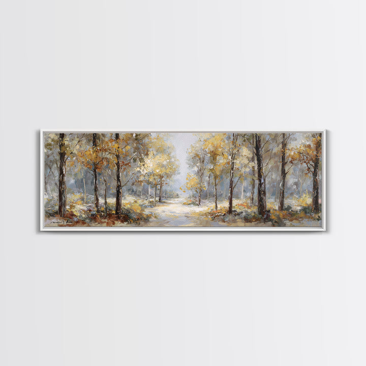 Woodland Path with Golden Autumn Atmosphere Framed Canvas Print, Art, Art Print, Living Room Decor, Fine Art, ART-3x1-87