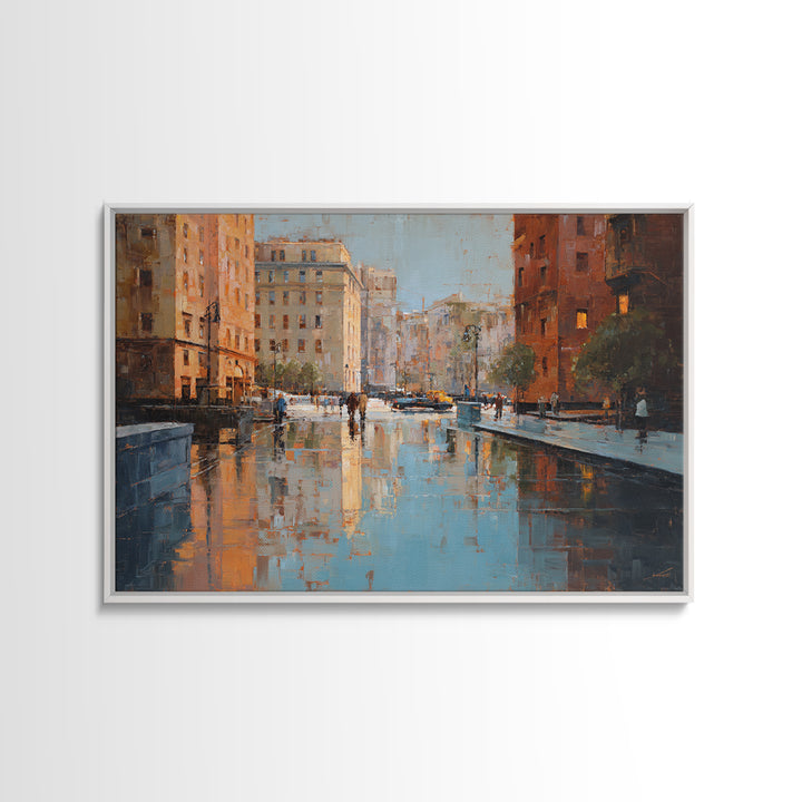 Moody City Scene Reflected Framed Canvas Print, Art, Living Room Decor, Fine Art, Art Nouveau, Framed Wall Art, ART-3x2-14