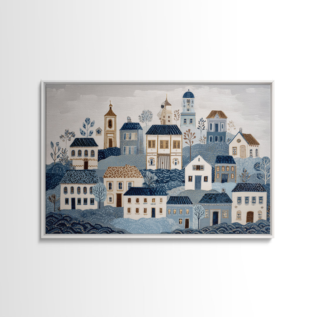 Naive Folk Art Village Framed Canvas Print, Art, Wall Art Prints, Living Room Decor, Fine Art, Ai Art, Textured Wall Art, ART-3x2-24