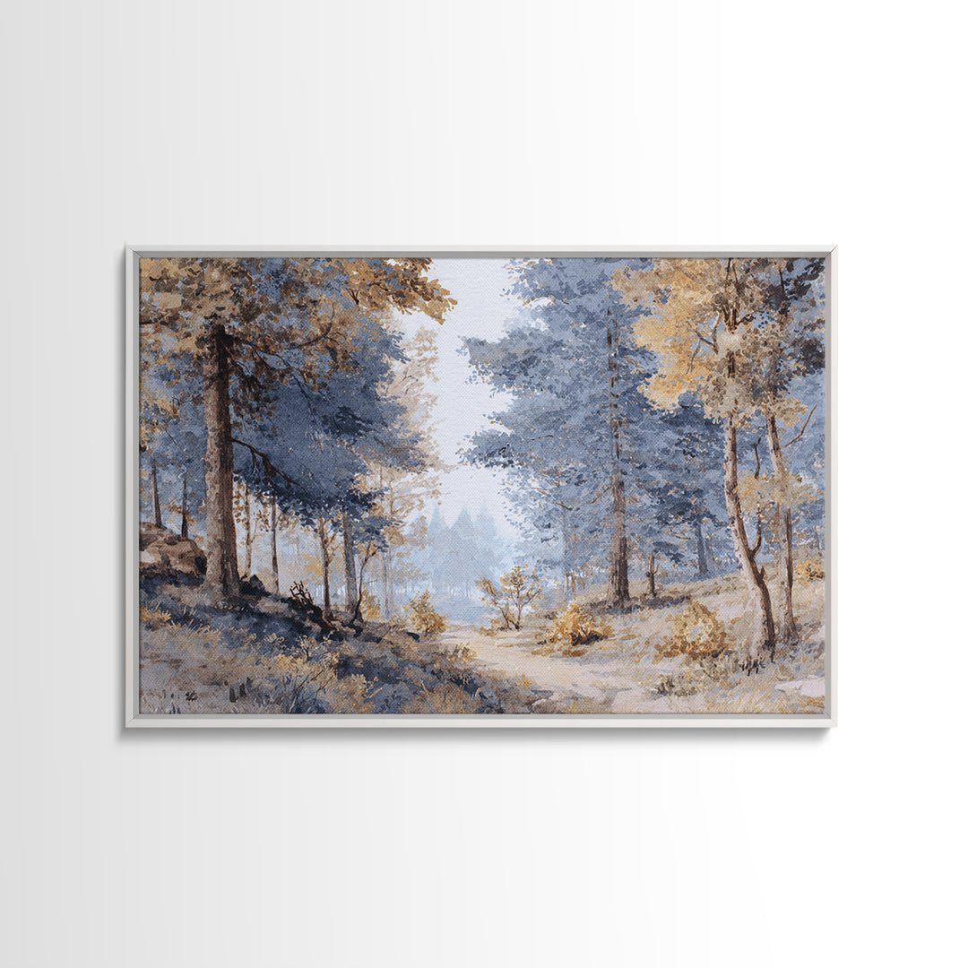Woodland Path with Golden Autumn Atmosphere Framed Canvas Print, Art, Art Commission, Living Room Decor, Fine Art, ART-3x2-27