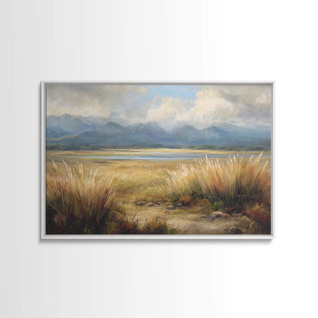 Quiet Mountain Scene Framed Canvas Print, Art, Canvas Wall Art, Living Room Decor, Fine Art, Boho Wall Art, Pink Wall Art, ART-3x2-45