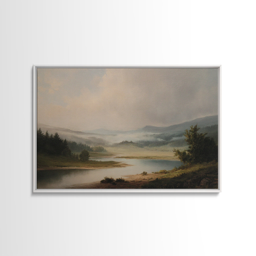 Classic Landscape with Winding River and Atmospheric Framed Canvas Print, Art, Framed Wall Art, Living Room Decor, Fine Art, ART-3x2-79