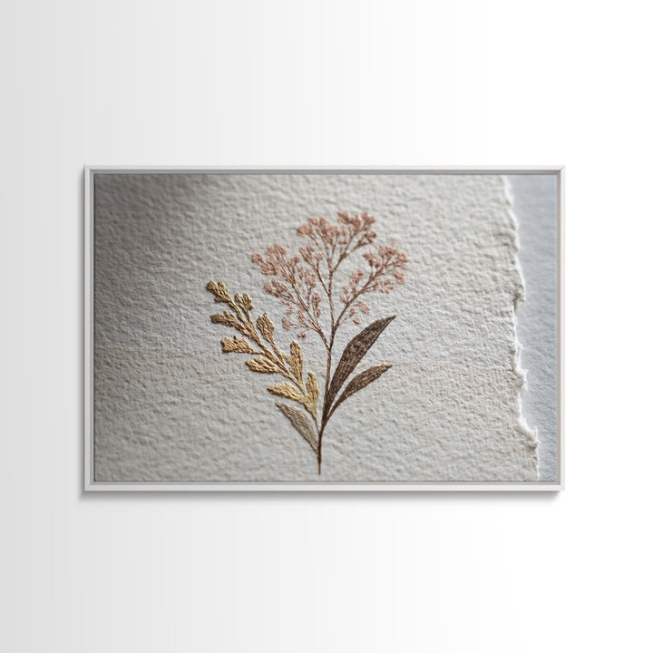 Minimal Botanical Ink Drawing on Handmade Paper Framed Canvas Print, Art, Ai Art, Living Room Decor, Watercolor Art, ART-3x2-81