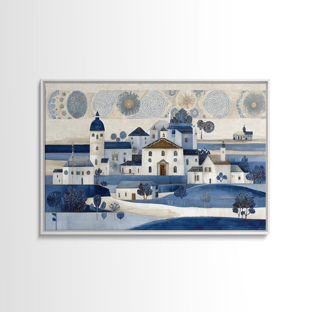 Naive Folk Art Village Framed Canvas Print, Art, Pink Wall Art, Living Room Decor, Fine Art, Textured Painting, ART-3x2-96