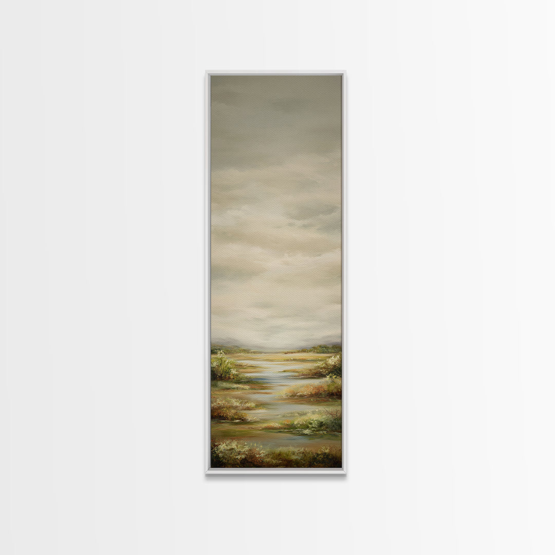 Wide Olive and Beige Meadow Panorama Framed Canvas Print, Above Sofa Art, Coastal Wall Art, Living Room Decor, Statement, ASA-1x3-70