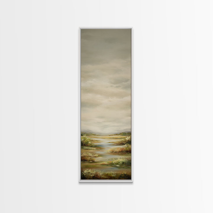 Wide Olive and Beige Meadow Panorama Framed Canvas Print, Above Sofa Art, Coastal Wall Art, Living Room Decor, Statement, ASA-1x3-70