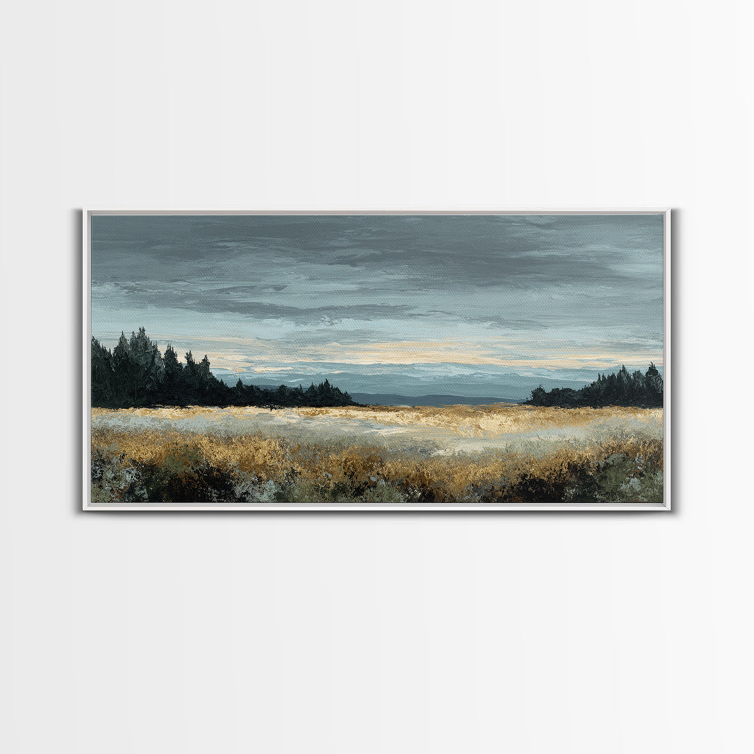 Wide Olive and Beige Meadow Panorama Framed Canvas Print, Above Sofa Art, Modern Decor, Living Room Decor, Oil Painting, ASA-2x1-30