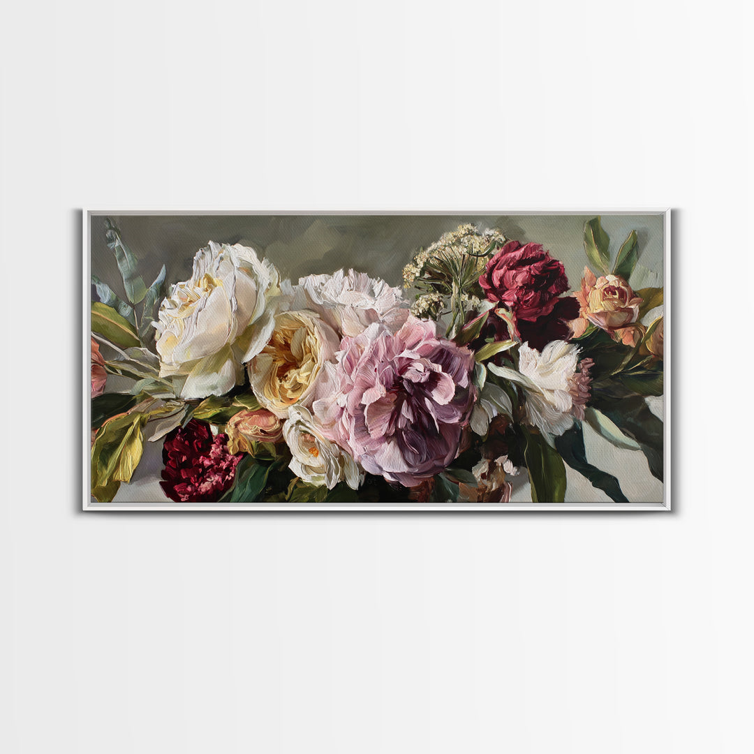 Large Expressive Floral Bouquet Framed Canvas Print, Above Sofa Art, Luxury Decor, Living Room Decor, Oil Painting, Statement, ASA-2x1-50