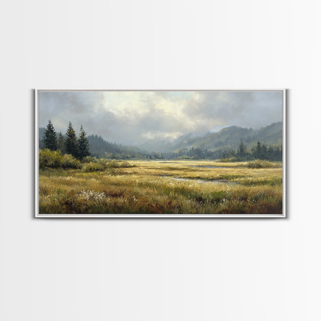 Wide Olive and Beige Meadow Panorama Framed Canvas Print, Above Sofa Art, Modern Decor, Living Room Decor, Oil Painting, ASA-2x1-6