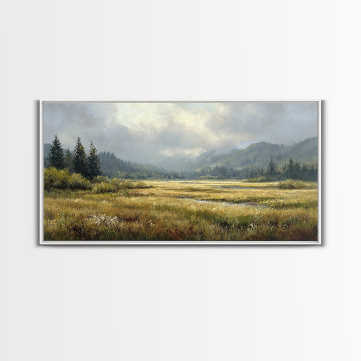 Wide Olive and Beige Meadow Panorama Framed Canvas Print, Above Sofa Art, Modern Decor, Living Room Decor, Oil Painting, ASA-2x1-6