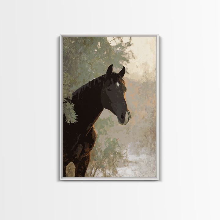 Statement Horse Silhouette Framed Canvas Print, Above Sofa Art, Mid Century Modern, Living Room Decor, Fine Art, Statement, ASA-2x3-69