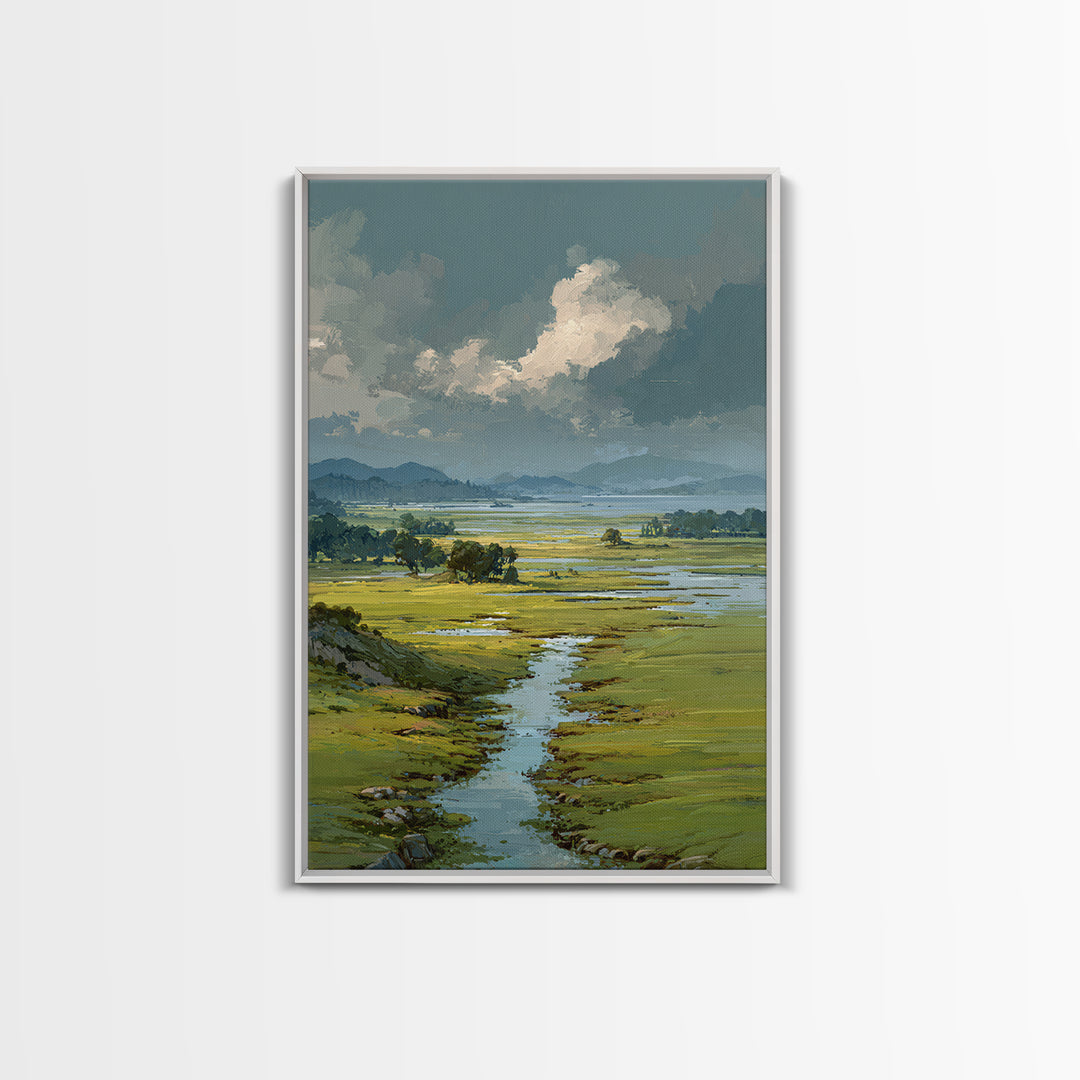 Wide Olive and Beige Meadow Panorama Framed Canvas Print, Above Sofa Art, Living Room Decor, Oil Painting, Statement, ASA-2x3-90