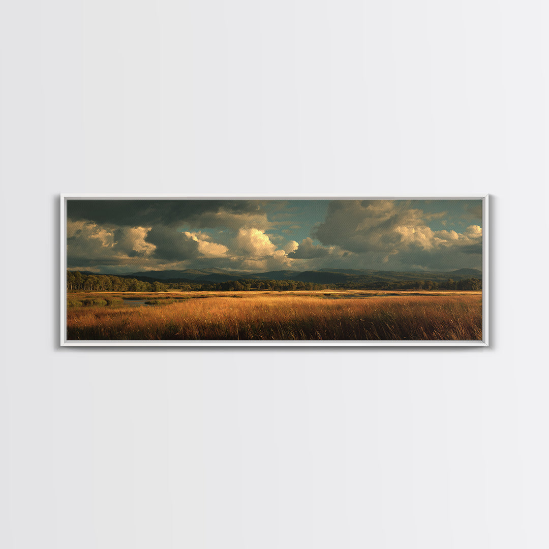 Wide Olive and Beige Meadow Panorama Framed Canvas Print, Above Sofa Art, Wall Art, Living Room Decor, Fine Art, Statement, ASA-3x1-2